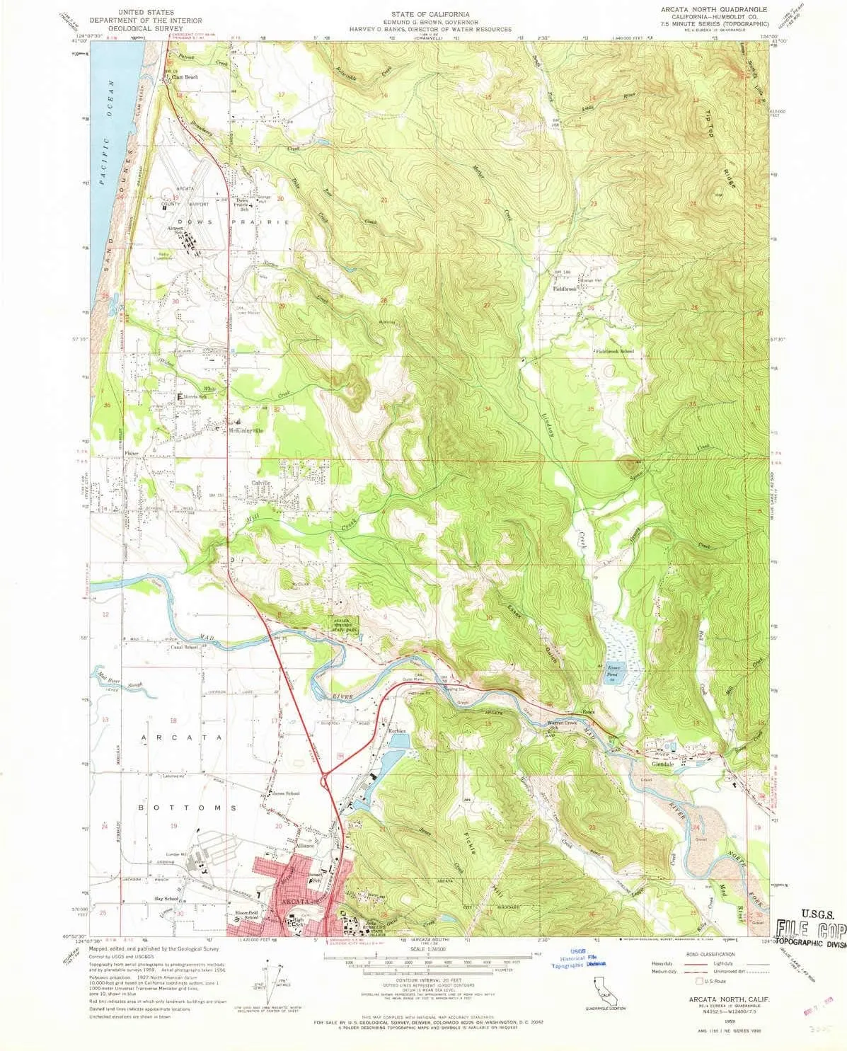 Arcata North CA topo map, 1:24000 Scale, 7.5 X 7.5 Minute, Historical, 1959, Updated 1969, 27 x 21.5 in