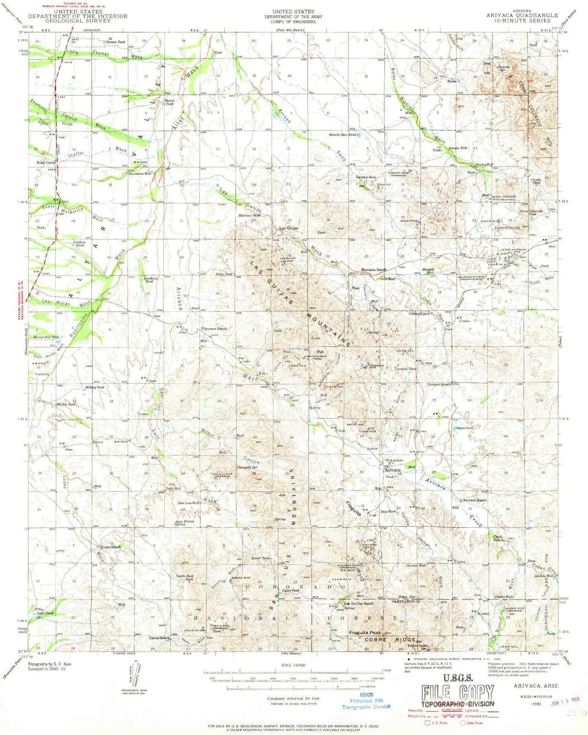 Arivaca AZ topo map, 1:62500 Scale, 15 X 15 Minute, Historical, 1941, Updated 1969, 20.8 x 17 in