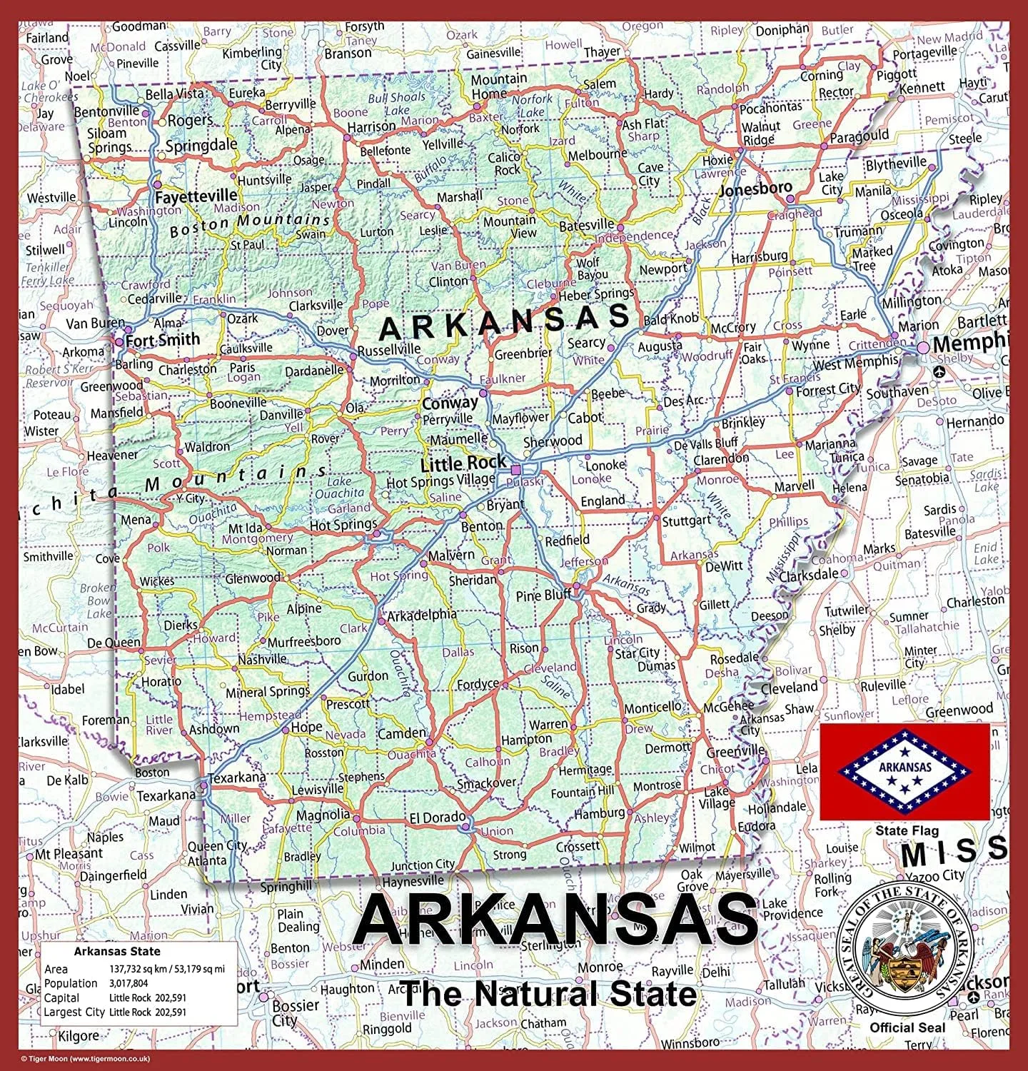 Arkansas USA State Map - 23.9 x 25 Inches - Paper Laminated
