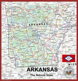 Arkansas USA State Map - 23.9 x 25 Inches - Paper Laminated