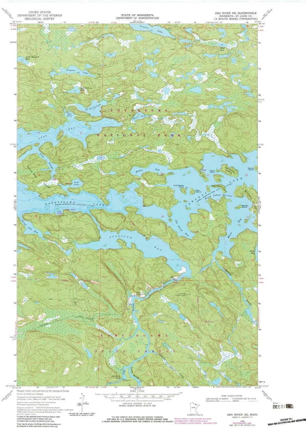 Ash River NE MN topo map, 1:24000 Scale, 7.5 X 7.5 Minute, Historical, 1968, Updated 1983, 27.23 x 21.53 in