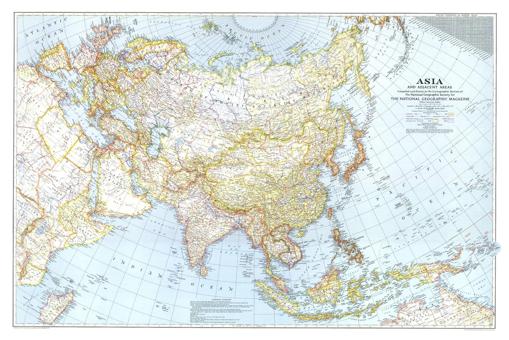 Asia and Adjacent Areas Wall Map - Published 1942 by National Geographic