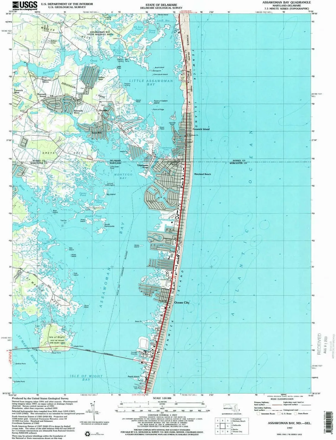 Assawoman Bay MD topo map, 1:24000 Scale, 7.5 X 7.5 Minute, Historical, 1997, Updated 2000, 26.8 x 22 in