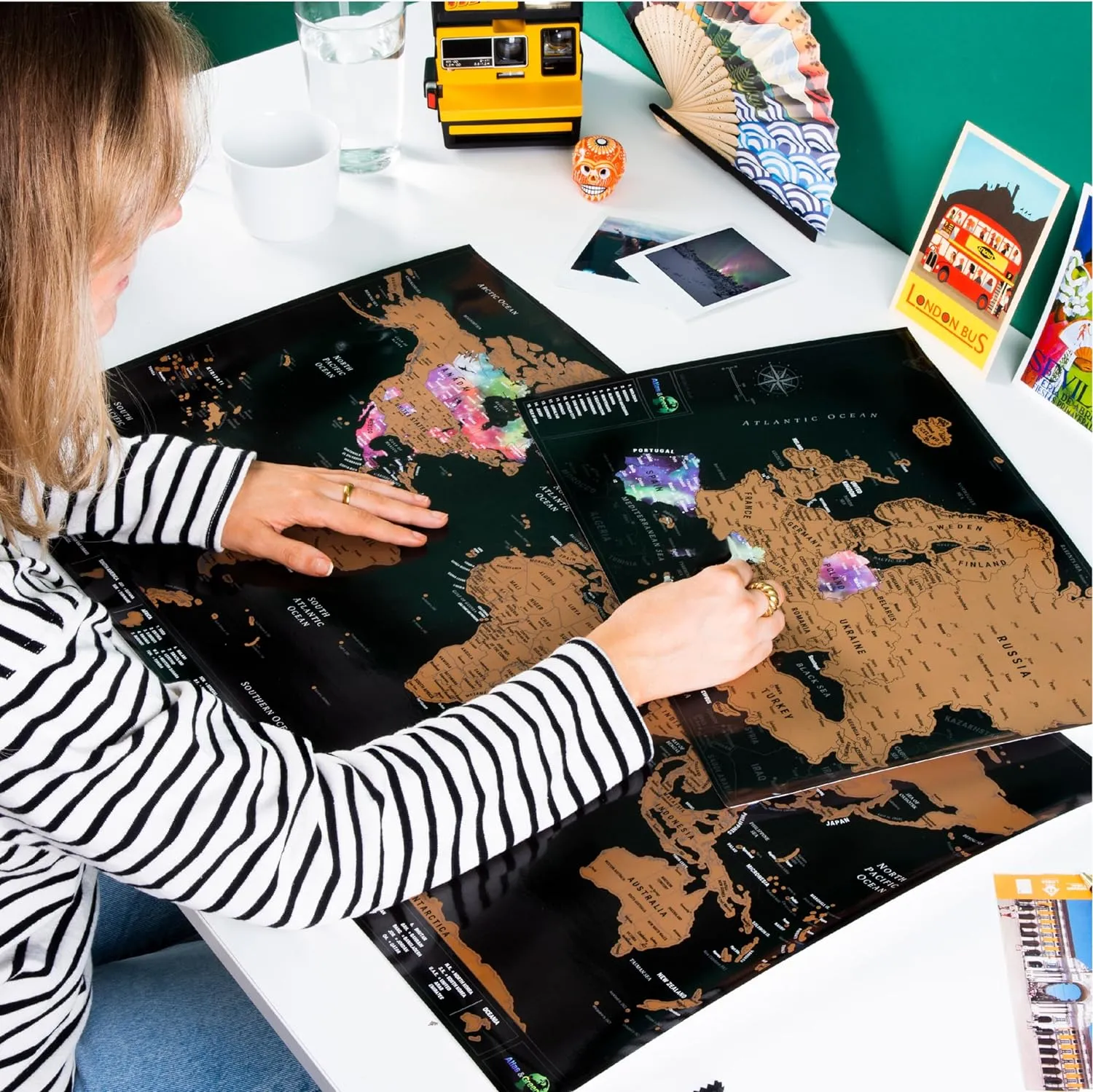 Atlas & Green World Travel Map   Bonus Europe Poster. Premium Scratch Off World Map Poster. Watercolor Travel Scratch Off Map with all US States and Gift Tube