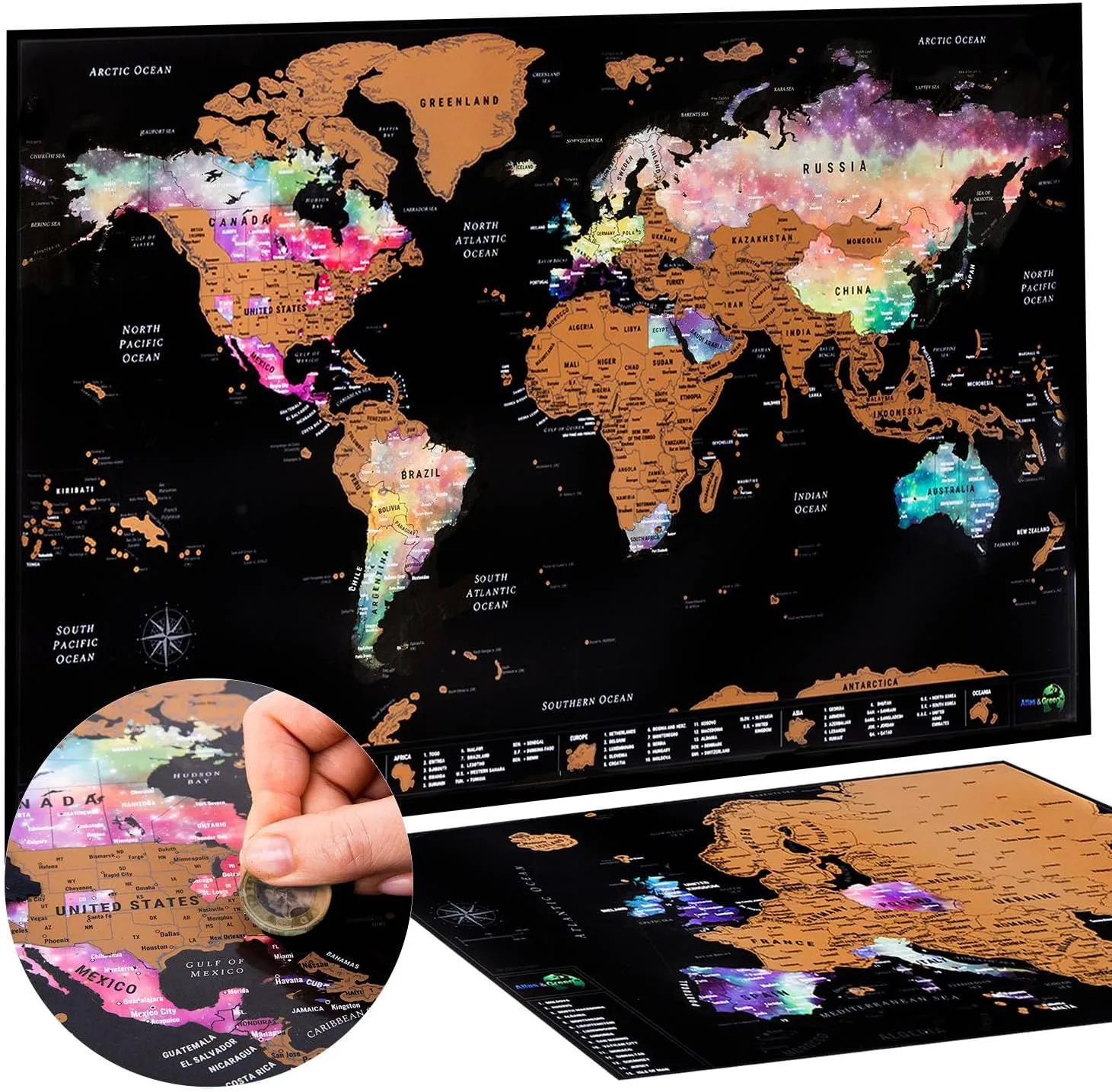 Atlas & Green World Travel Map   Bonus Europe Poster. Premium Scratch Off World Map Poster. Watercolor Travel Scratch Off Map with all US States and Gift Tube