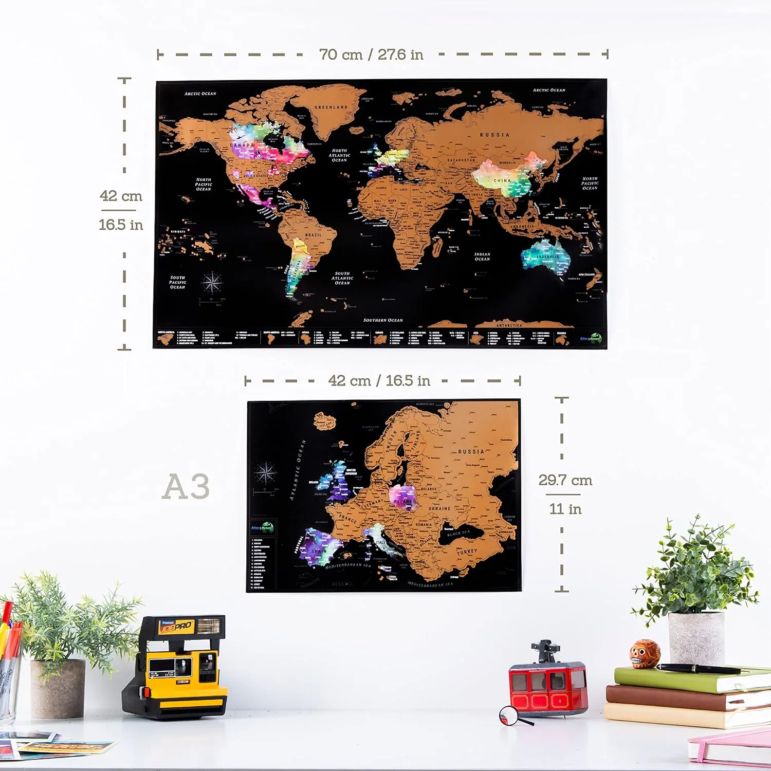 Atlas & Green World Travel Map   Bonus Europe Poster. Premium Scratch Off World Map Poster. Watercolor Travel Scratch Off Map with all US States and Gift Tube