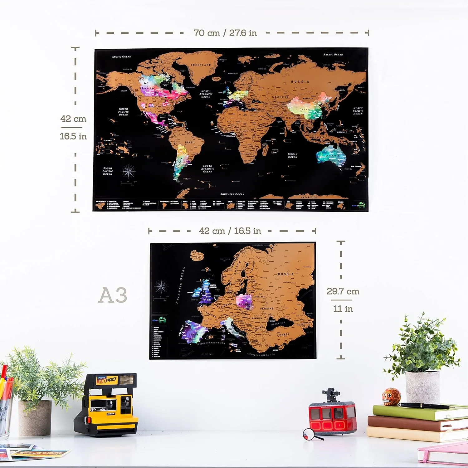 Atlas & Green World Travel Map   Bonus Europe Poster. Premium Scratch Off World Map Poster. Watercolor Travel Scratch Off Map with all US States and Gift Tube