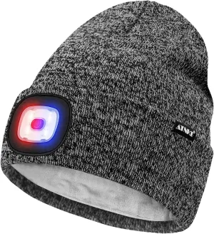 ATNKE LED Lighted Beanie Hat,USB Rechargeable 4 LED Red and Blue Flashed Run Headlamp Lined Fleece Cap for Men and Women