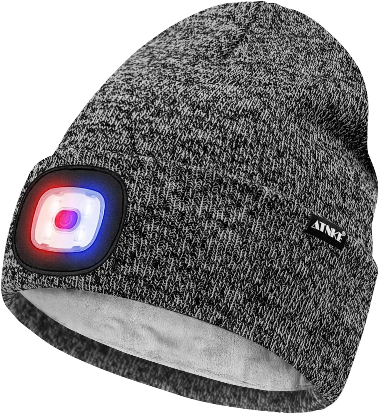 ATNKE LED Lighted Beanie Hat,USB Rechargeable 4 LED Red and Blue Flashed Run Headlamp Lined Fleece Cap for Men and Women