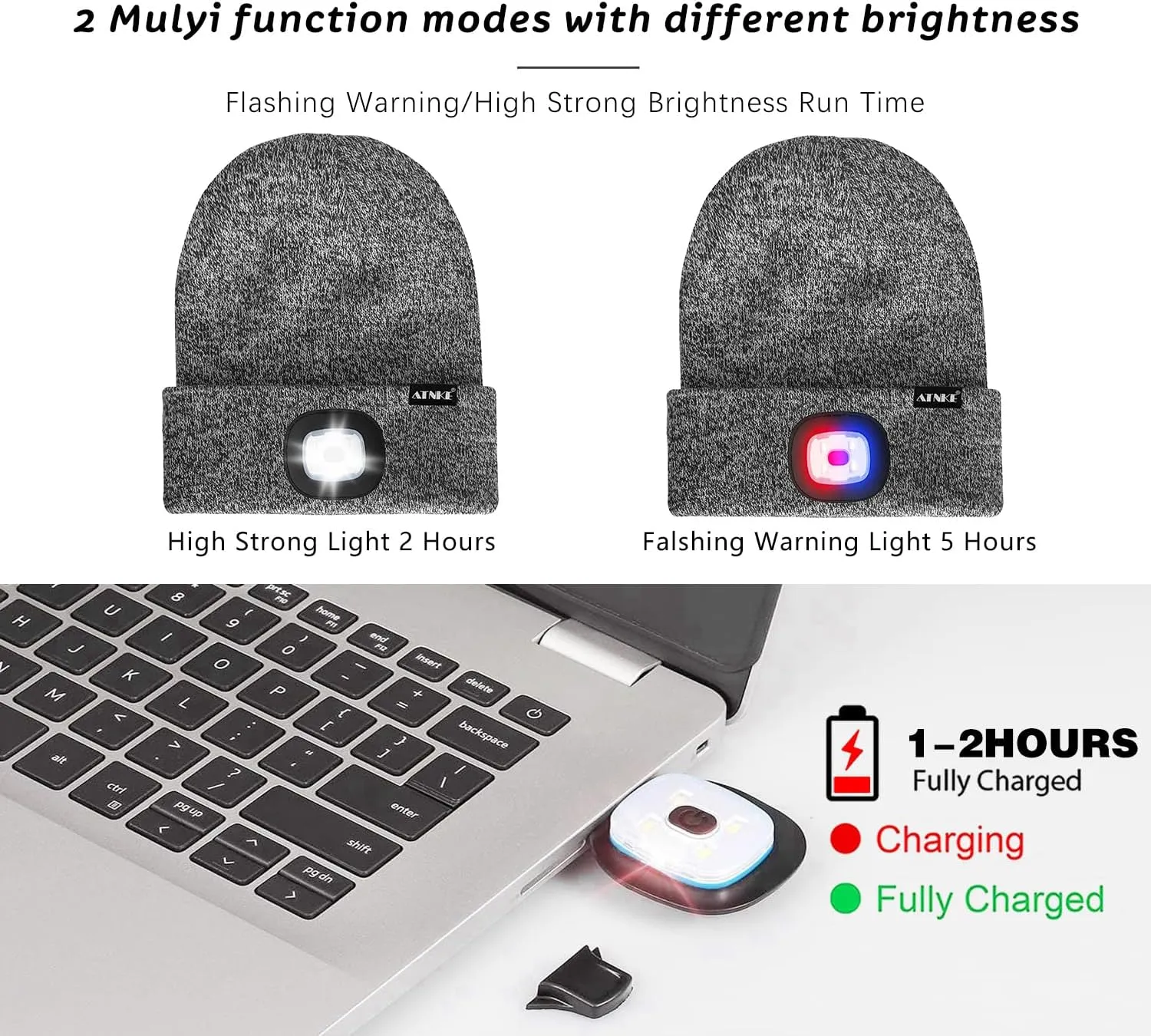 ATNKE LED Lighted Beanie Hat,USB Rechargeable 4 LED Red and Blue Flashed Run Headlamp Lined Fleece Cap for Men and Women