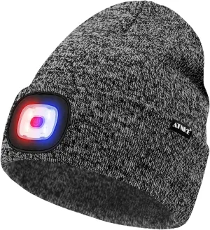 ATNKE LED Lighted Beanie Hat,USB Rechargeable 4 LED Red and Blue Flashing Running Headlamp Cap Gifts for Men and Women
