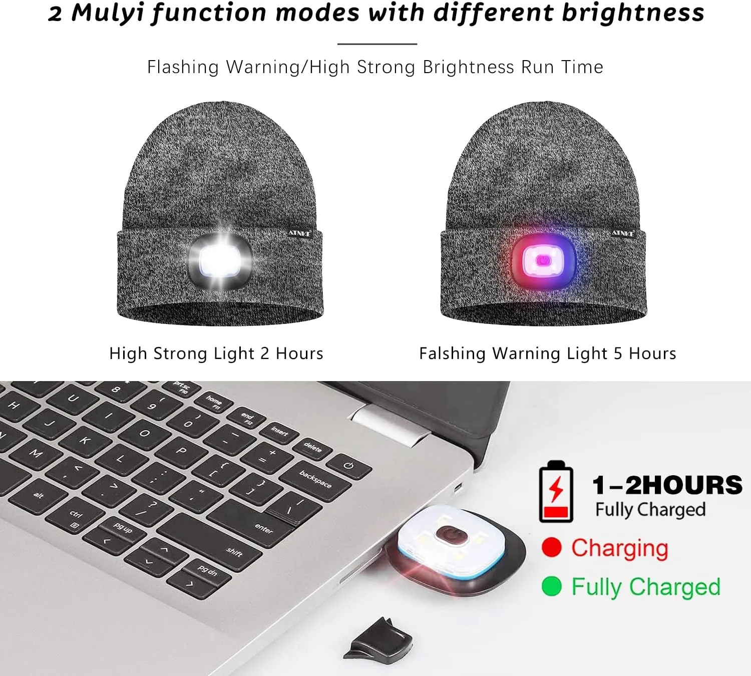 ATNKE LED Lighted Beanie Hat,USB Rechargeable 4 LED Red and Blue Flashing Running Headlamp Cap Gifts for Men and Women