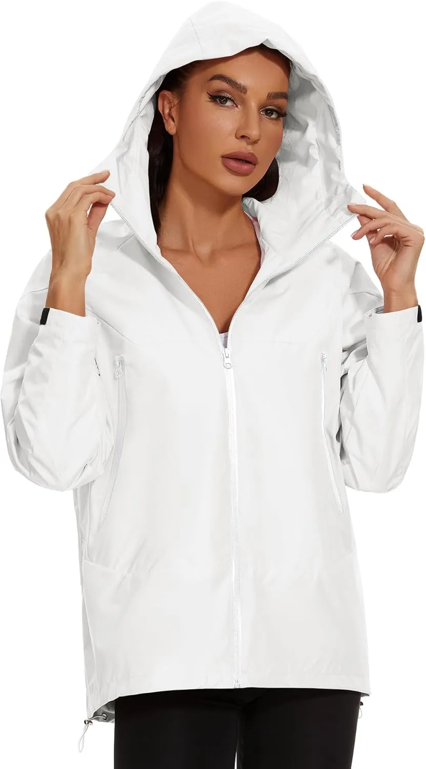 Avoogue Rain Jacket for Women Loose Fit Waterproof Lightweight Lined Rain Coat Hiking Windbreaker Jacket with Hood
