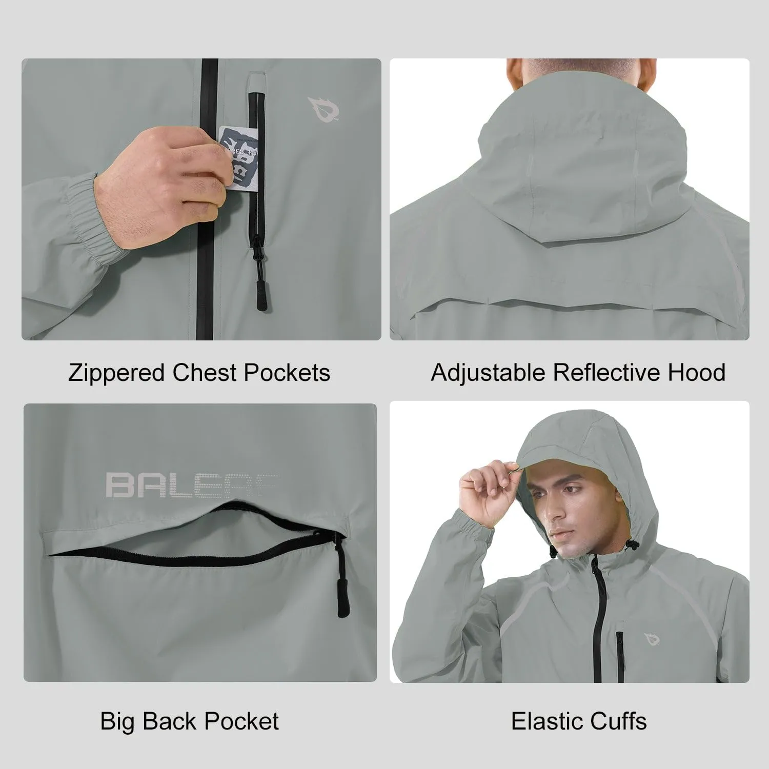 baleaf Men's Rain Jacket Waterproof Windbreaker Running Cycling Golf Hiking Gear Hood Lightweight Reflective Packable
