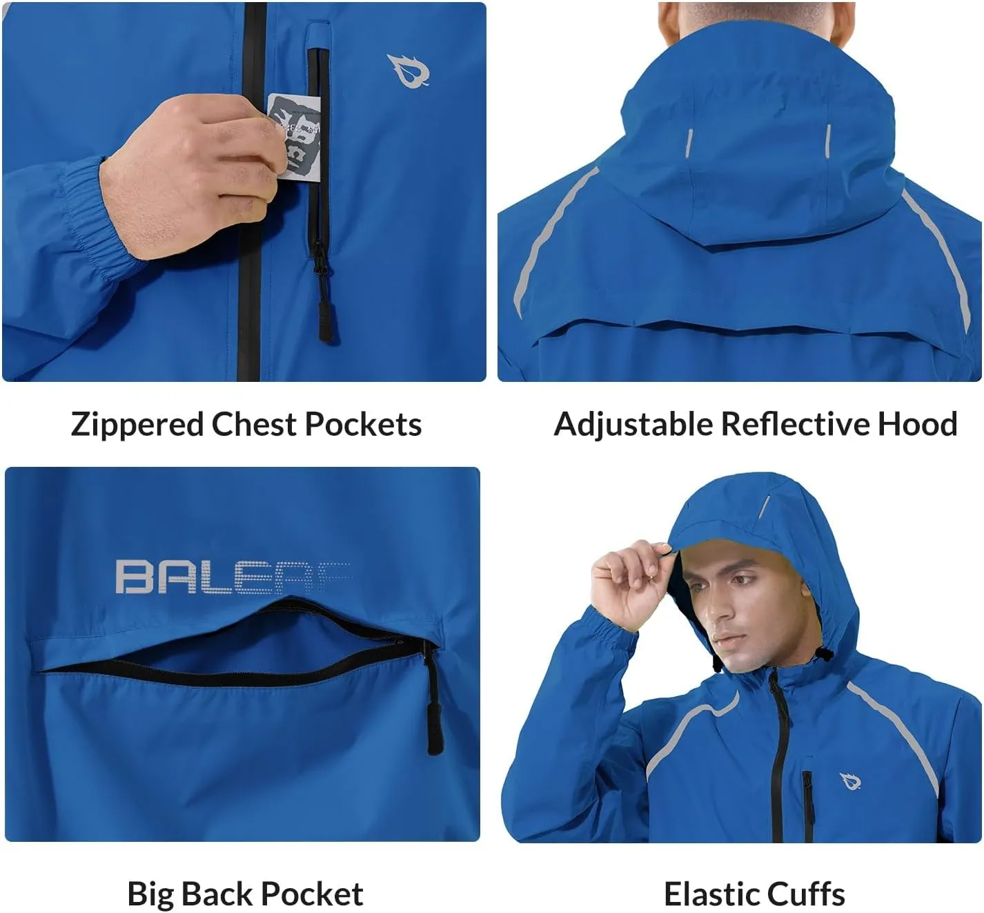 baleaf Men's Rain Jacket Waterproof Windbreaker Running Cycling Golf Hiking Gear Hood Lightweight Reflective Packable