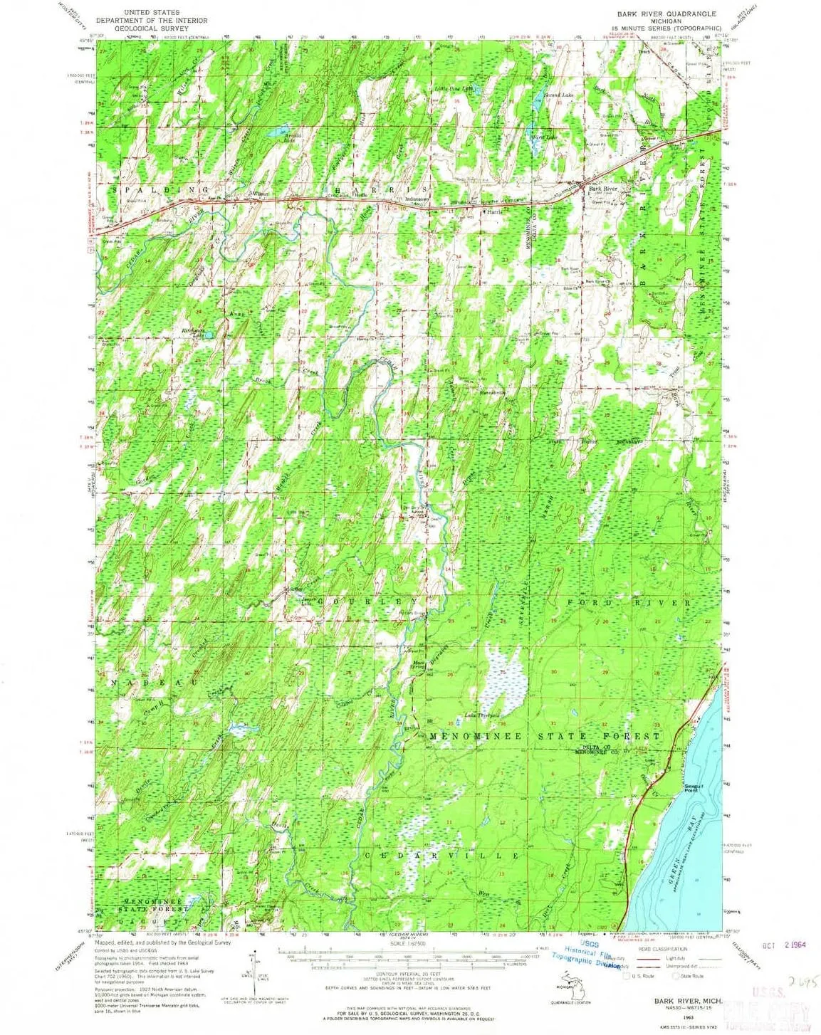 Bark River MI topo map, 1:62500 Scale, 15 X 15 Minute, Historical, 1963, Updated 1964, 21 x 17 in