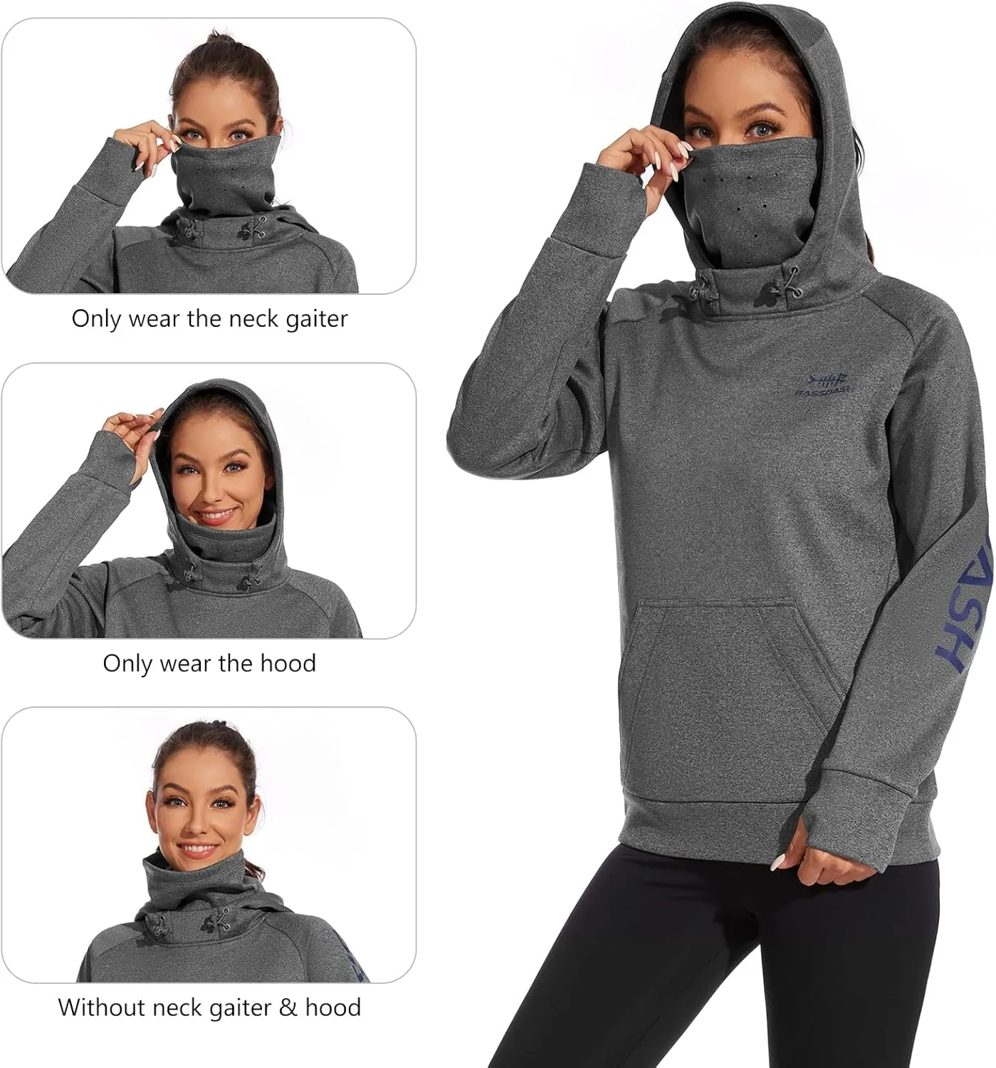 BASSDASH Women’s Fleece Fishing Hoodie with Neck Gaiter Water Resistant Performance Hiking Sweatshirt Pullover