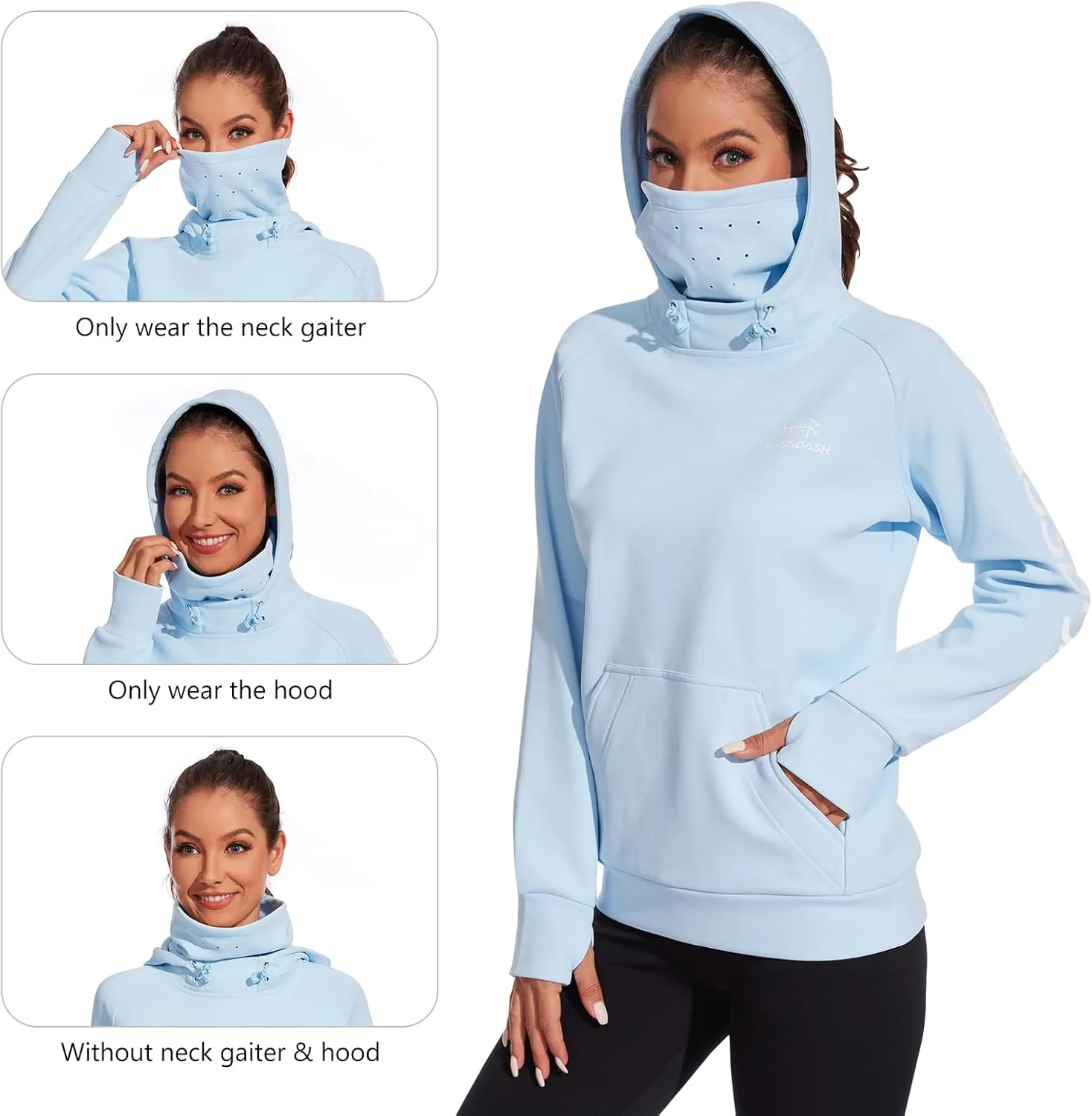 BASSDASH Women’s Fleece Fishing Hoodie with Neck Gaiter Water Resistant Performance Hiking Sweatshirt Pullover