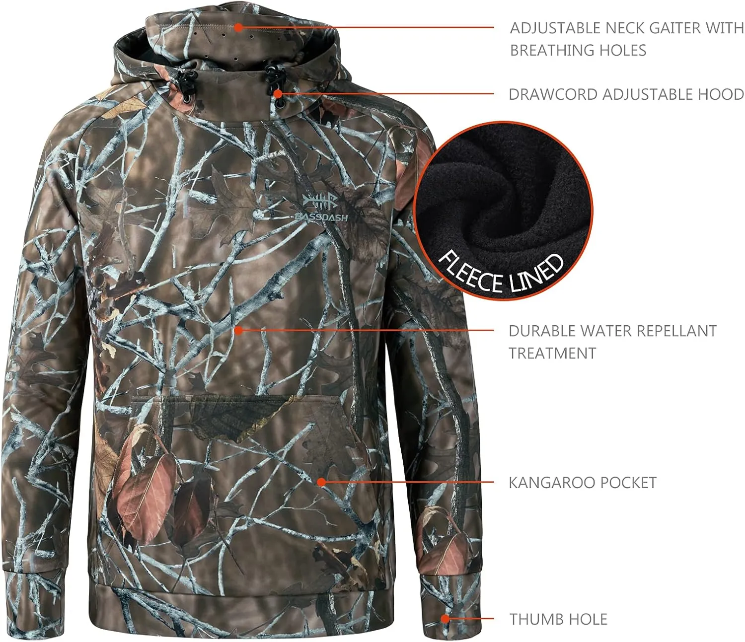 BASSDASH Youth Fishing Fleece Hoodie with Mask Water Resistant Kids’ Performance Sweatshirt FS18Y