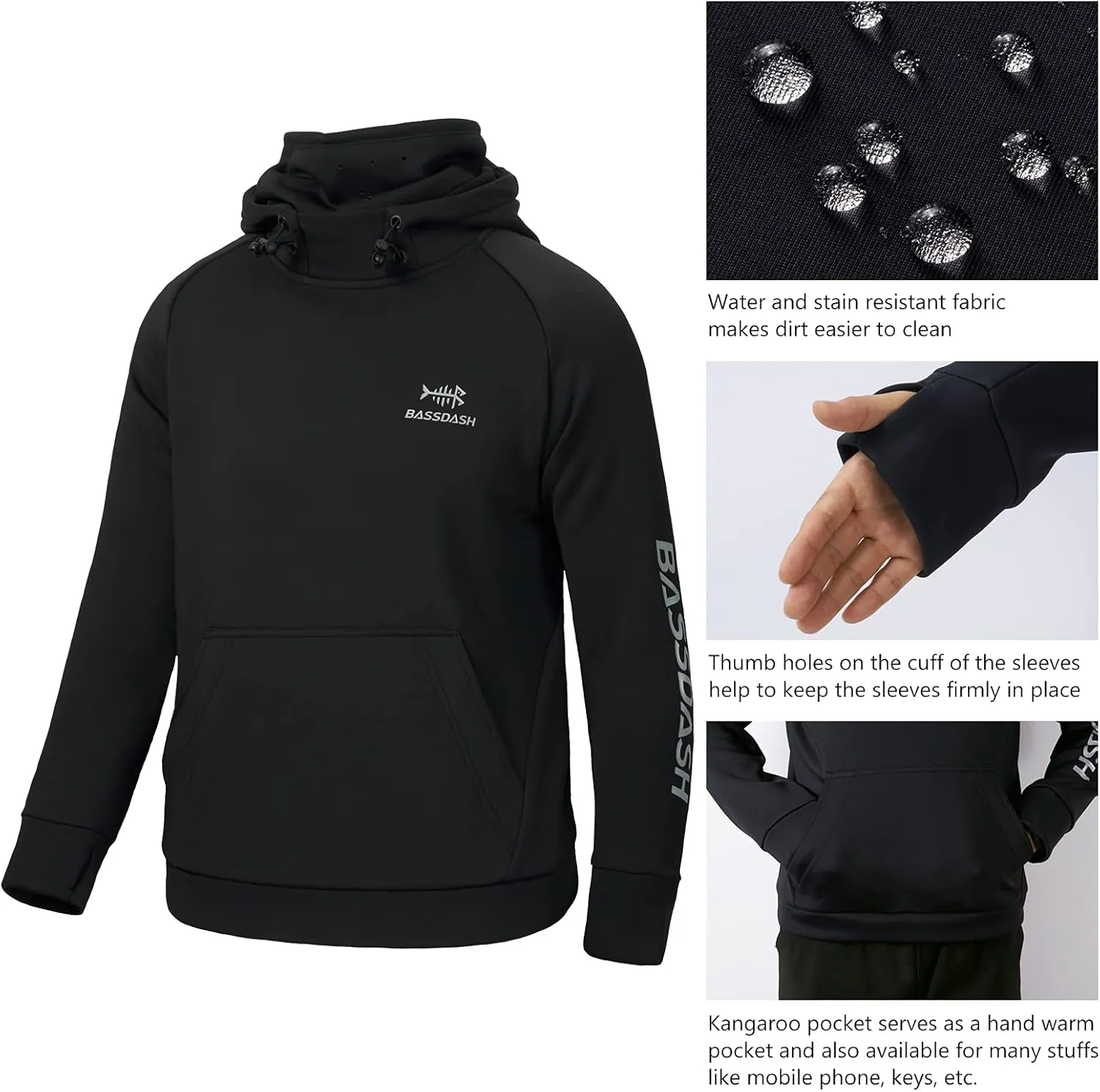 BASSDASH Youth Fishing Fleece Hoodie with Mask Water Resistant Kids’ Performance Sweatshirt FS18Y