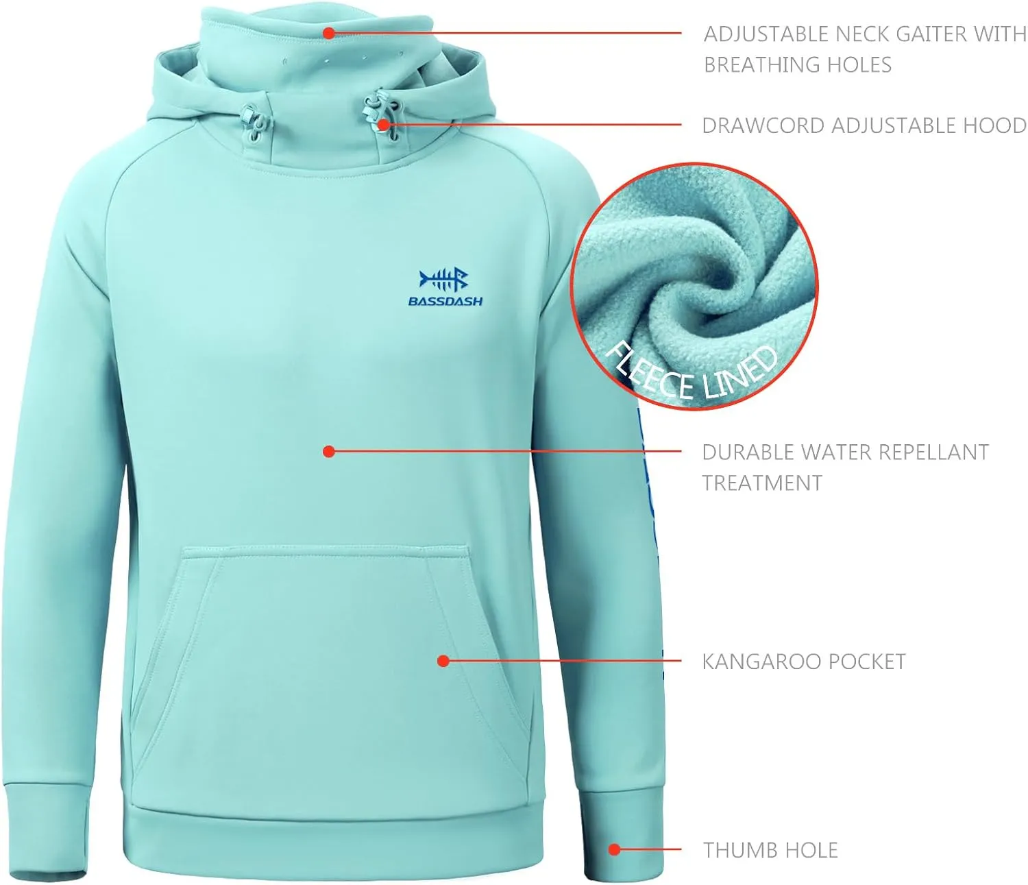 BASSDASH Youth Fishing Fleece Hoodie with Mask Water Resistant Kids’ Performance Sweatshirt FS18Y