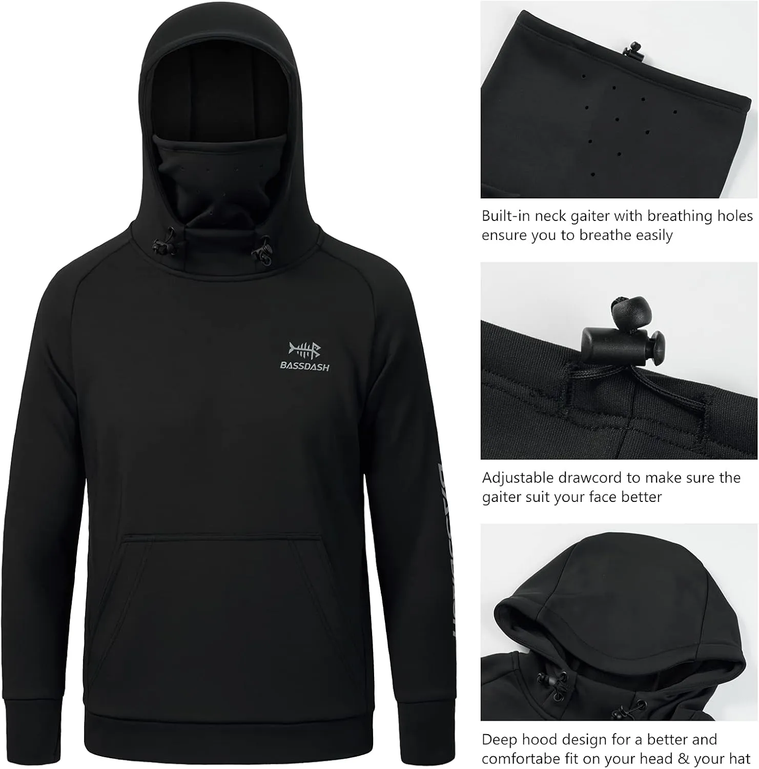 BASSDASH Youth Fishing Fleece Hoodie with Mask Water Resistant Kids’ Performance Sweatshirt FS18Y