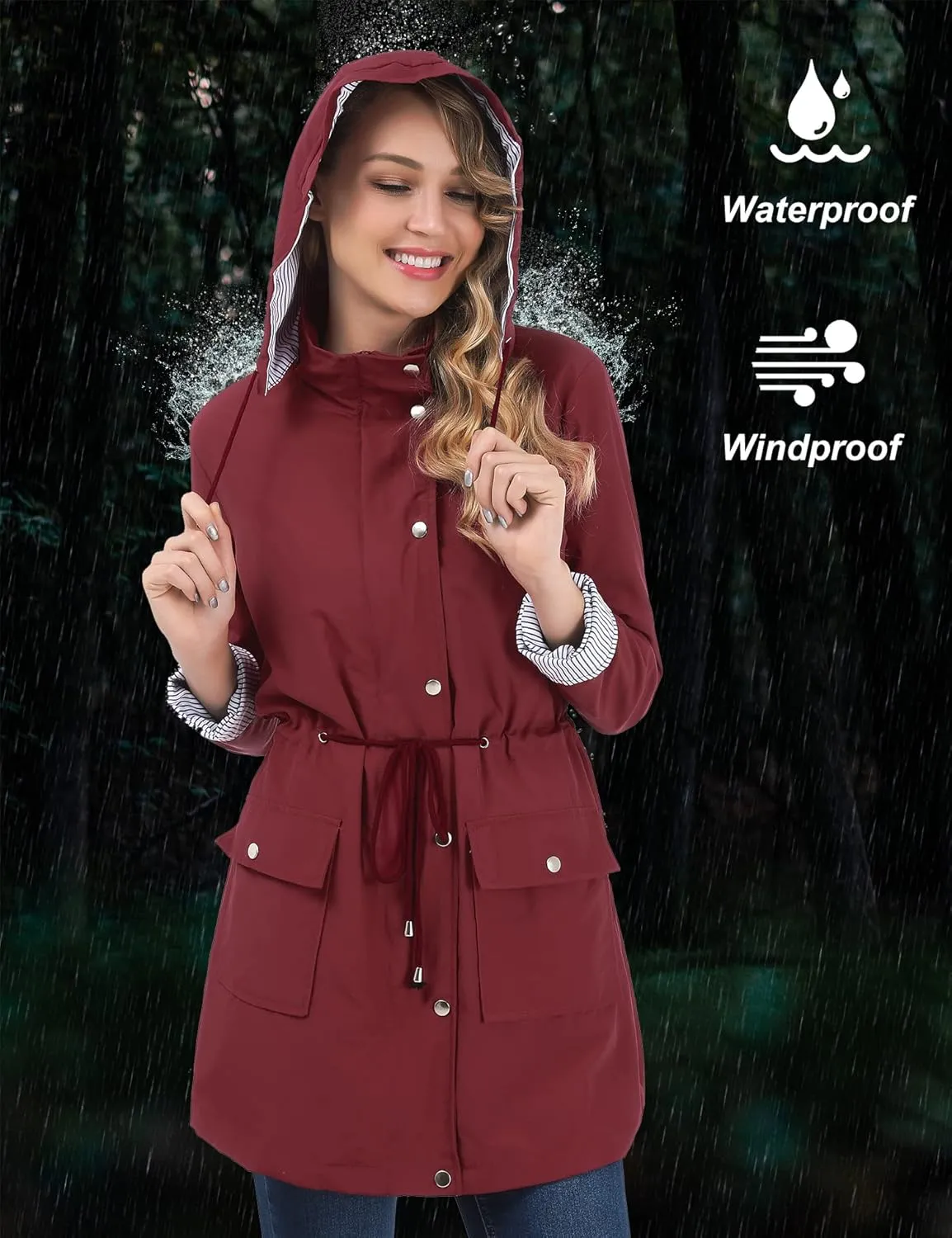BBX Lephsnt Rain Coats for Women Waterproof Rain Jacket Lightweight Windbreaker Outdoor Hooded Trench Coat