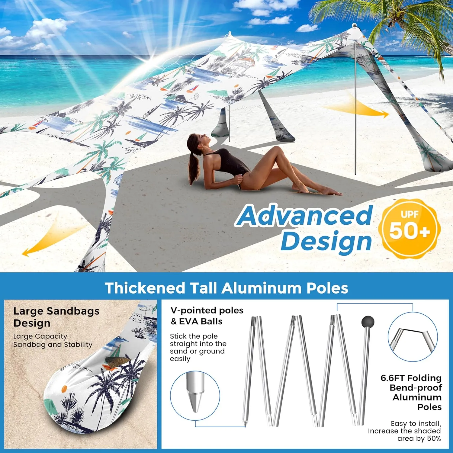 Beach Canopy Beach Tent Pop Up Shade 10x10ft Sun Shelter UPF50  with 8 Sandbags-2 Sand Shovel-4 Aluminum Poles-Ground Pegs-Portable Carrying Bag for Outdoor Family Camping Fishing Yard Picnic