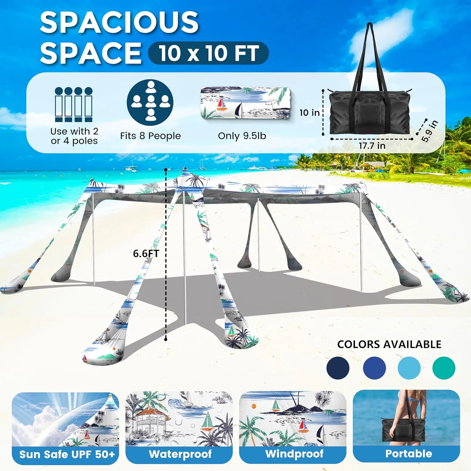Beach Canopy Beach Tent Pop Up Shade 10x10ft Sun Shelter UPF50  with 8 Sandbags-2 Sand Shovel-4 Aluminum Poles-Ground Pegs-Portable Carrying Bag for Outdoor Family Camping Fishing Yard Picnic