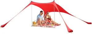 Beach Canopy Tent Sun Shade Camping Sun Shelter, Beach Stretch Tent with Sand Shovel, Ground Pegs and Stability Poles, Easy to Setup Reinforced Corners Outdoor Tent for Beach Camping