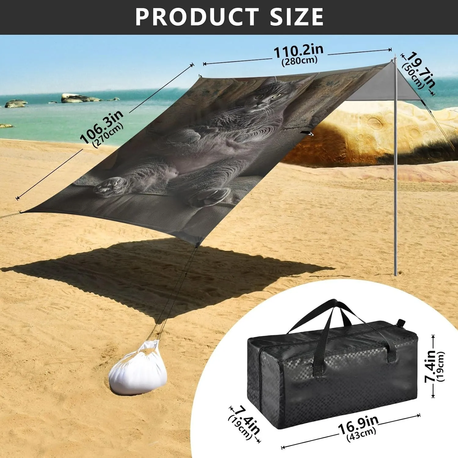 Beach Canopy Tent Sun Shade Outdoor Patio 9.2 × 10.5 FT Funny Fat Gray Cat Camping Sun Shelter Yard Large Windproof with Anchor Poles Easy up