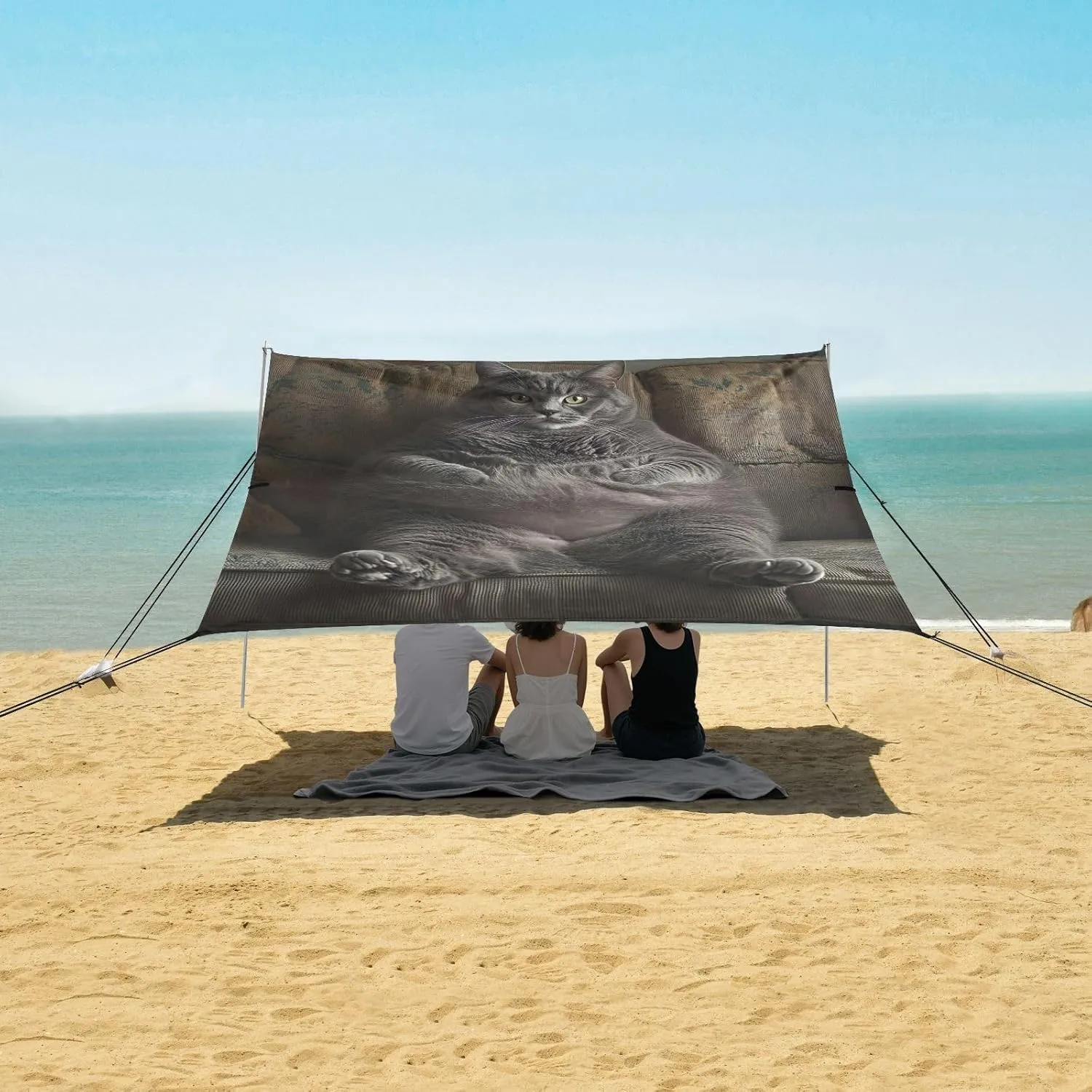 Beach Canopy Tent Sun Shade Outdoor Patio 9.2 × 10.5 FT Funny Fat Gray Cat Camping Sun Shelter Yard Large Windproof with Anchor Poles Easy up