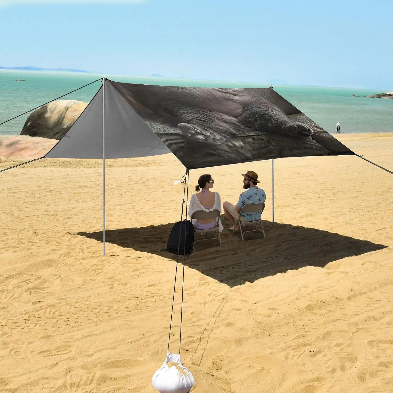 Beach Canopy Tent Sun Shade Outdoor Patio 9.2 × 10.5 FT Funny Fat Gray Cat Camping Sun Shelter Yard Large Windproof with Anchor Poles Easy up