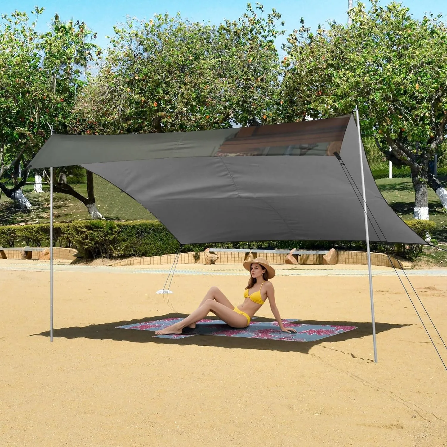 Beach Canopy Tent Sun Shade Outdoor Patio 9.2 × 10.5 FT Funny Fat Gray Cat Camping Sun Shelter Yard Large Windproof with Anchor Poles Easy up