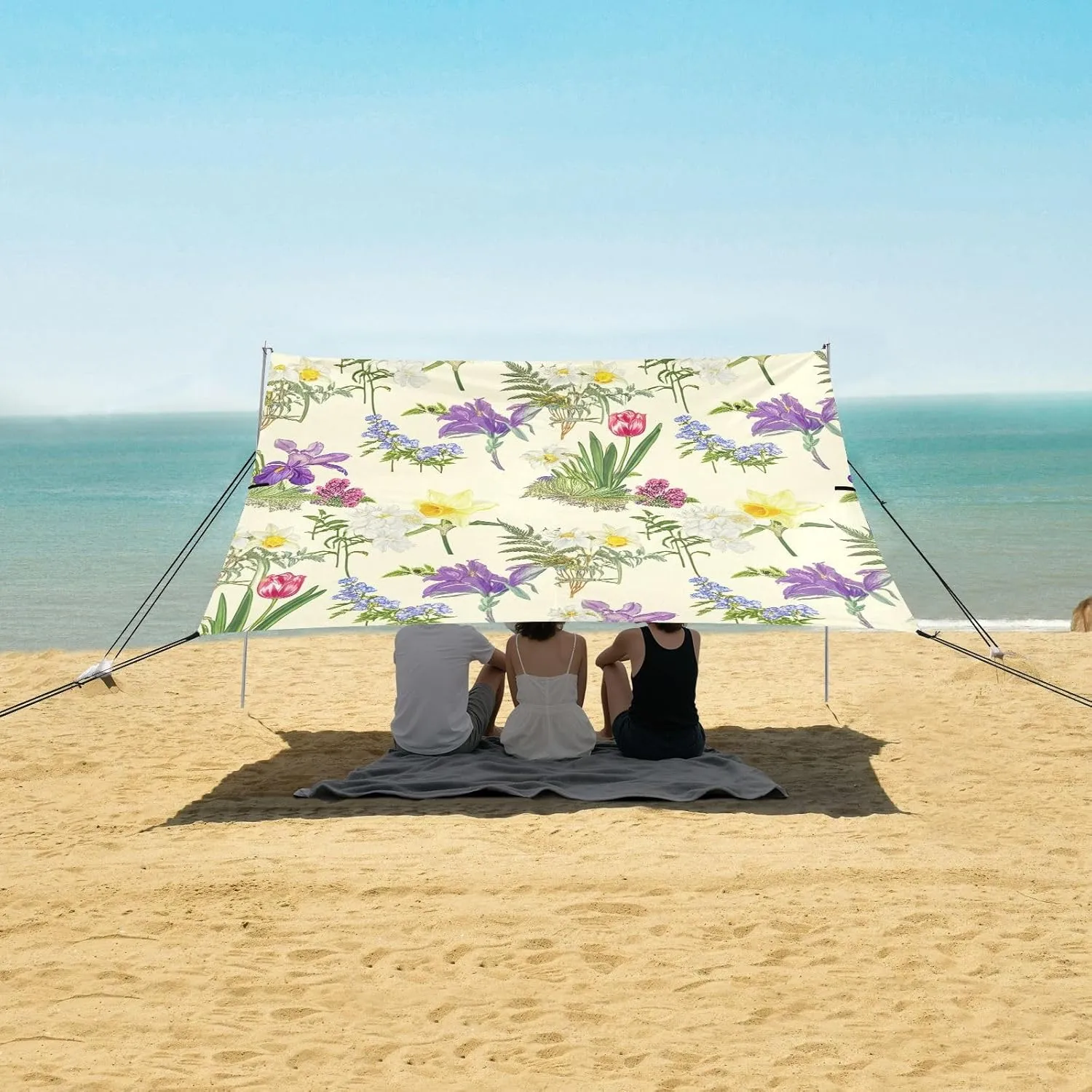 Beach Canopy Tent Sun Shade Outdoor Patio Outside Camping Shelter Backyard with Poles Sandbags Easy Sunshade 9.2 × 10.5 FT Colorful Flowers Daffodils Beige