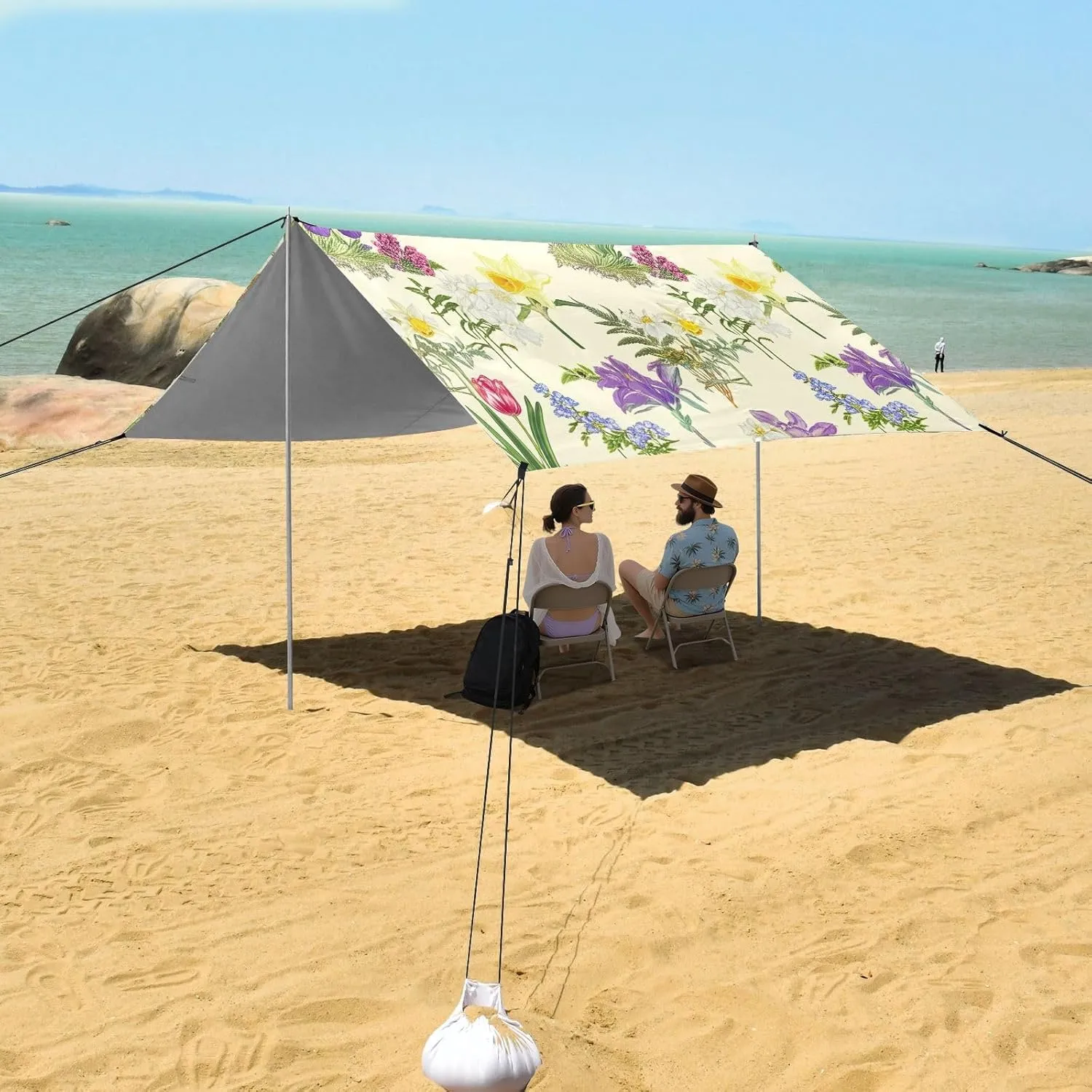 Beach Canopy Tent Sun Shade Outdoor Patio Outside Camping Shelter Backyard with Poles Sandbags Easy Sunshade 9.2 × 10.5 FT Colorful Flowers Daffodils Beige