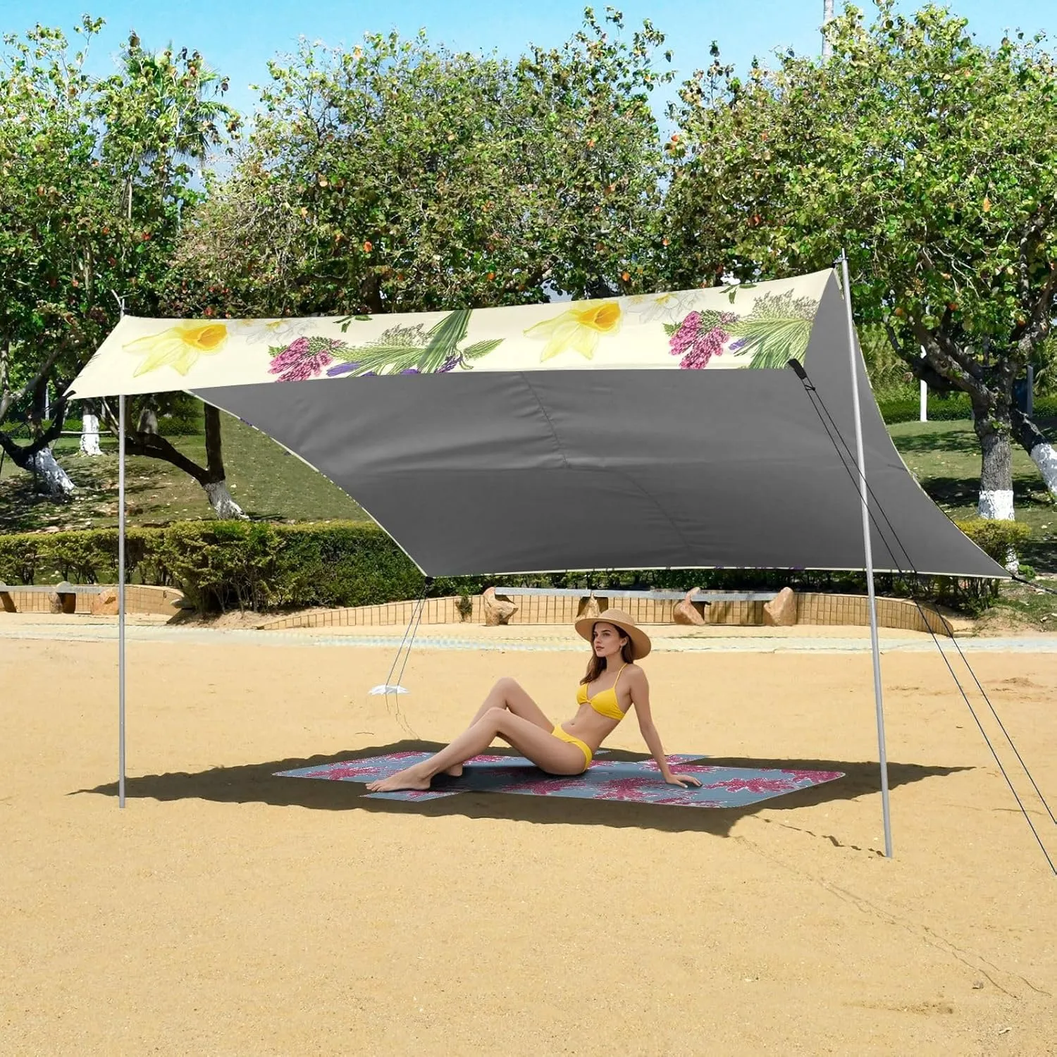 Beach Canopy Tent Sun Shade Outdoor Patio Outside Camping Shelter Backyard with Poles Sandbags Easy Sunshade 9.2 × 10.5 FT Colorful Flowers Daffodils Beige