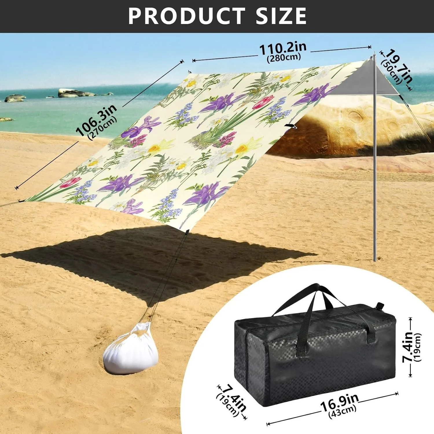 Beach Canopy Tent Sun Shade Outdoor Patio Outside Camping Shelter Backyard with Poles Sandbags Easy Sunshade 9.2 × 10.5 FT Colorful Flowers Daffodils Beige