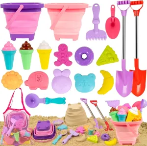 Beach Sand Toys Set Includes Collapsible Buckets 2 Big Size Sand Shovels, Rake, Animal Sand Molds Toys with Mesh Bag Silicone Pail, Sandbox Kit for Kids Age 3  (19 PCS)