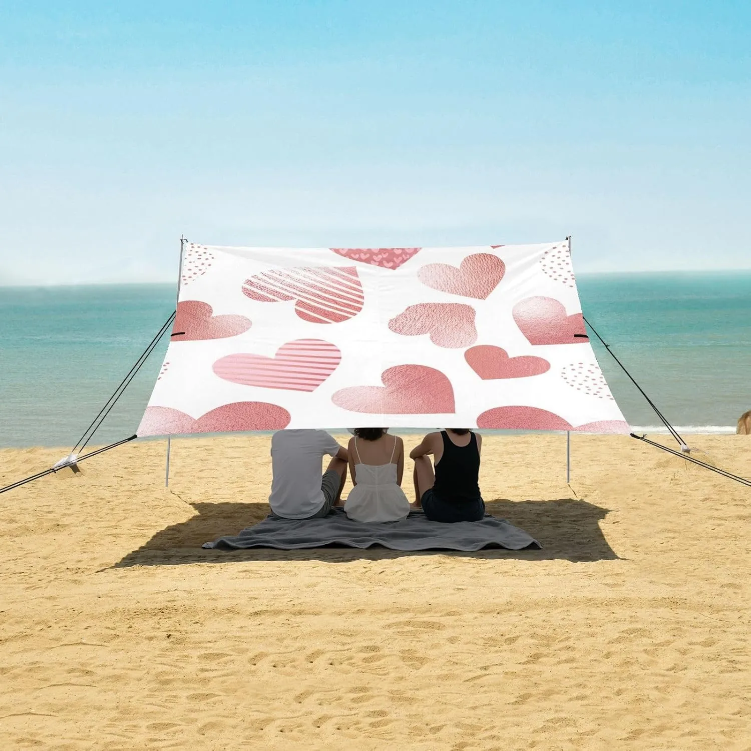 Beach Tent Canopy Outdoor Sun Shade Patio 9.2 × 10.5 FT Picnic Camping Shelter Backyard Lovely Hearts Rose Pink Waterproof with Sand Bags Poles
