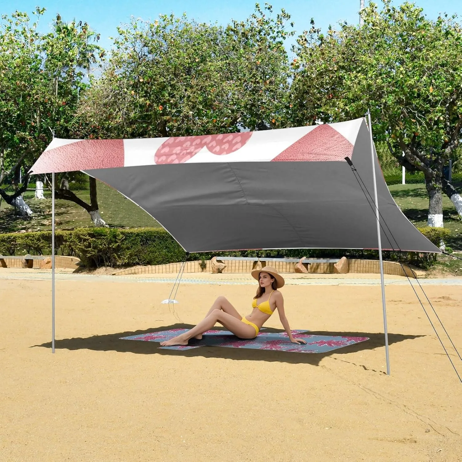 Beach Tent Canopy Outdoor Sun Shade Patio 9.2 × 10.5 FT Picnic Camping Shelter Backyard Lovely Hearts Rose Pink Waterproof with Sand Bags Poles