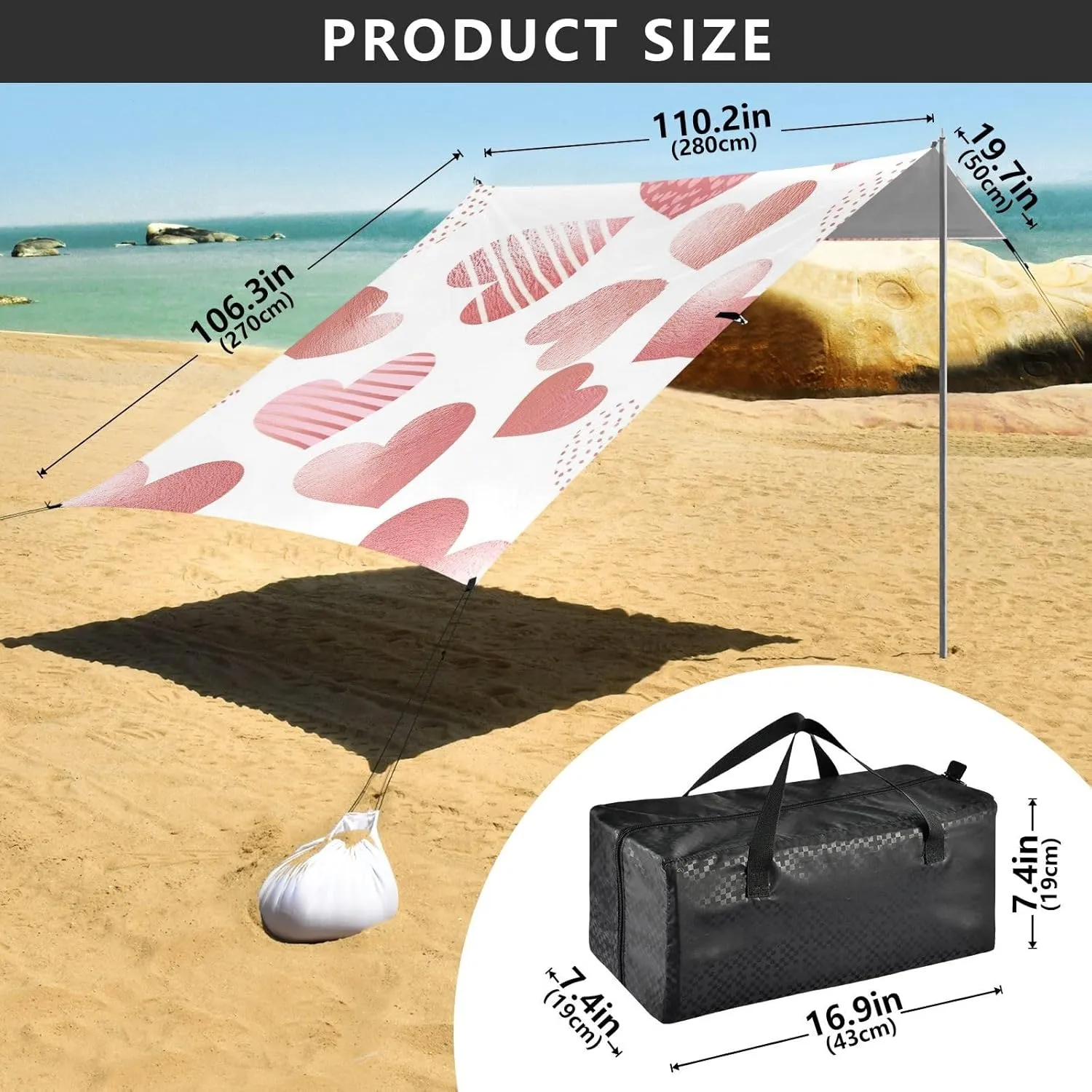 Beach Tent Canopy Outdoor Sun Shade Patio 9.2 × 10.5 FT Picnic Camping Shelter Backyard Lovely Hearts Rose Pink Waterproof with Sand Bags Poles