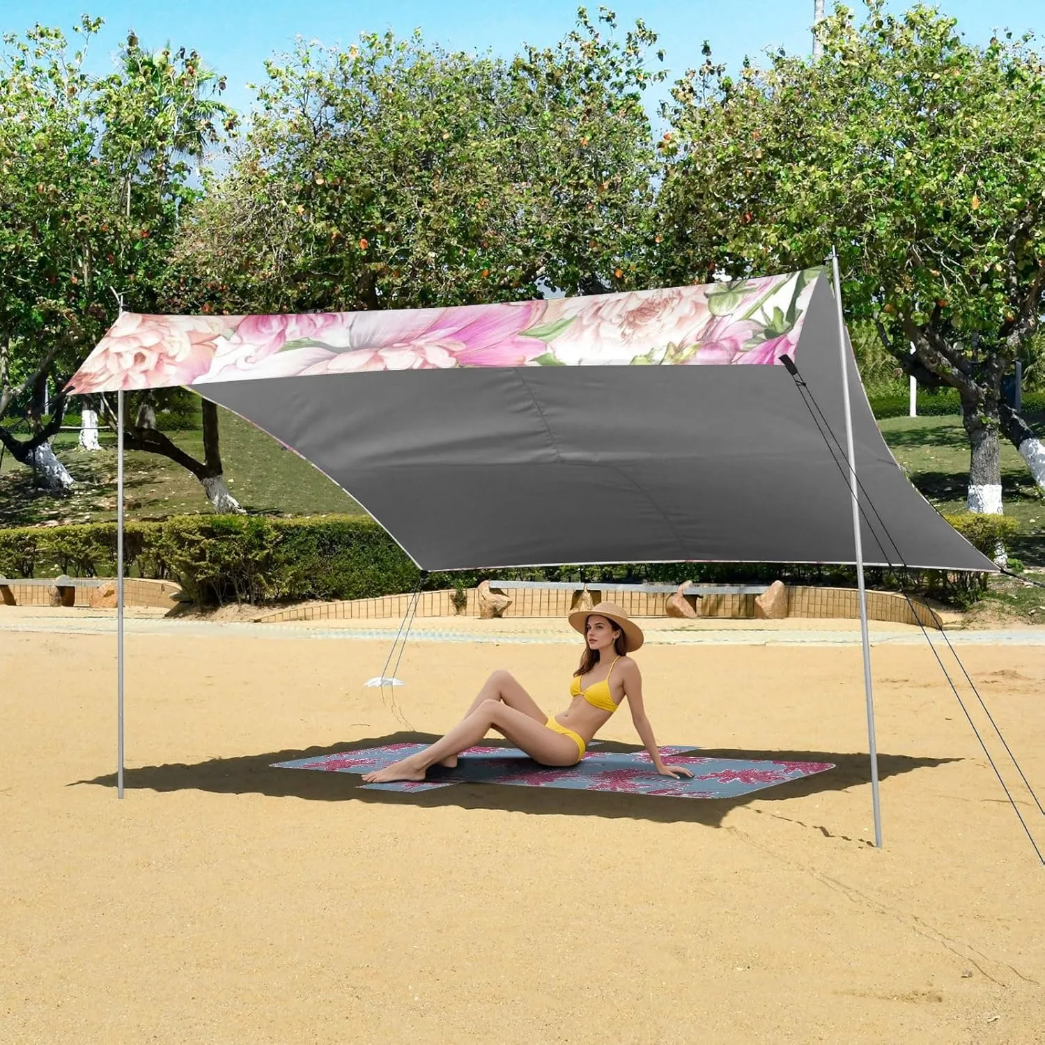 Beach Tent Canopy Patio Sun Shade Outdoor Shades Camping Sun Shelter Custom with Sand Anchor Poles Shelters 9.2 × 10.5 FT Beautiful Pink Floral Peonies