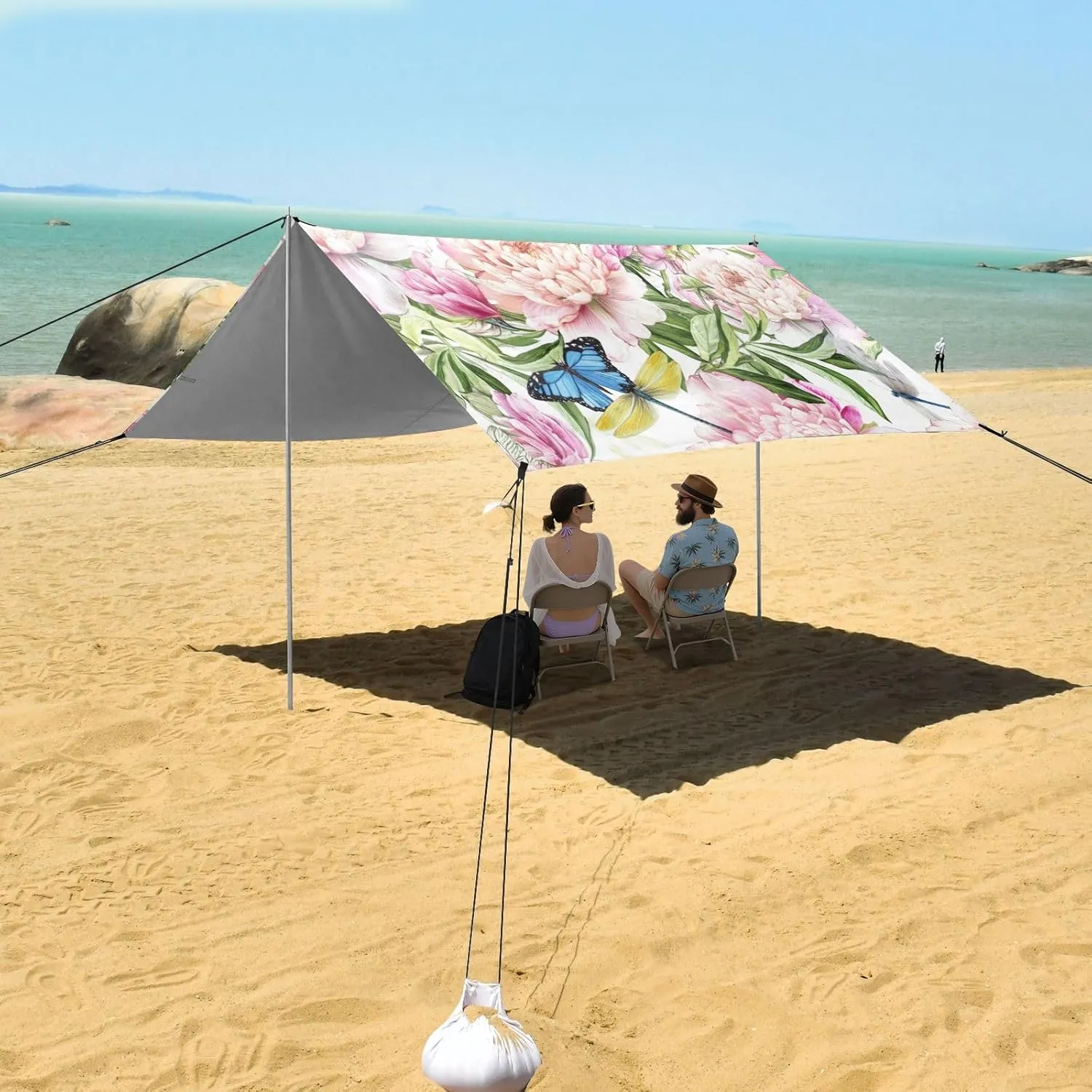 Beach Tent Canopy Patio Sun Shade Outdoor Shades Camping Sun Shelter Custom with Sand Anchor Poles Shelters 9.2 × 10.5 FT Beautiful Pink Floral Peonies