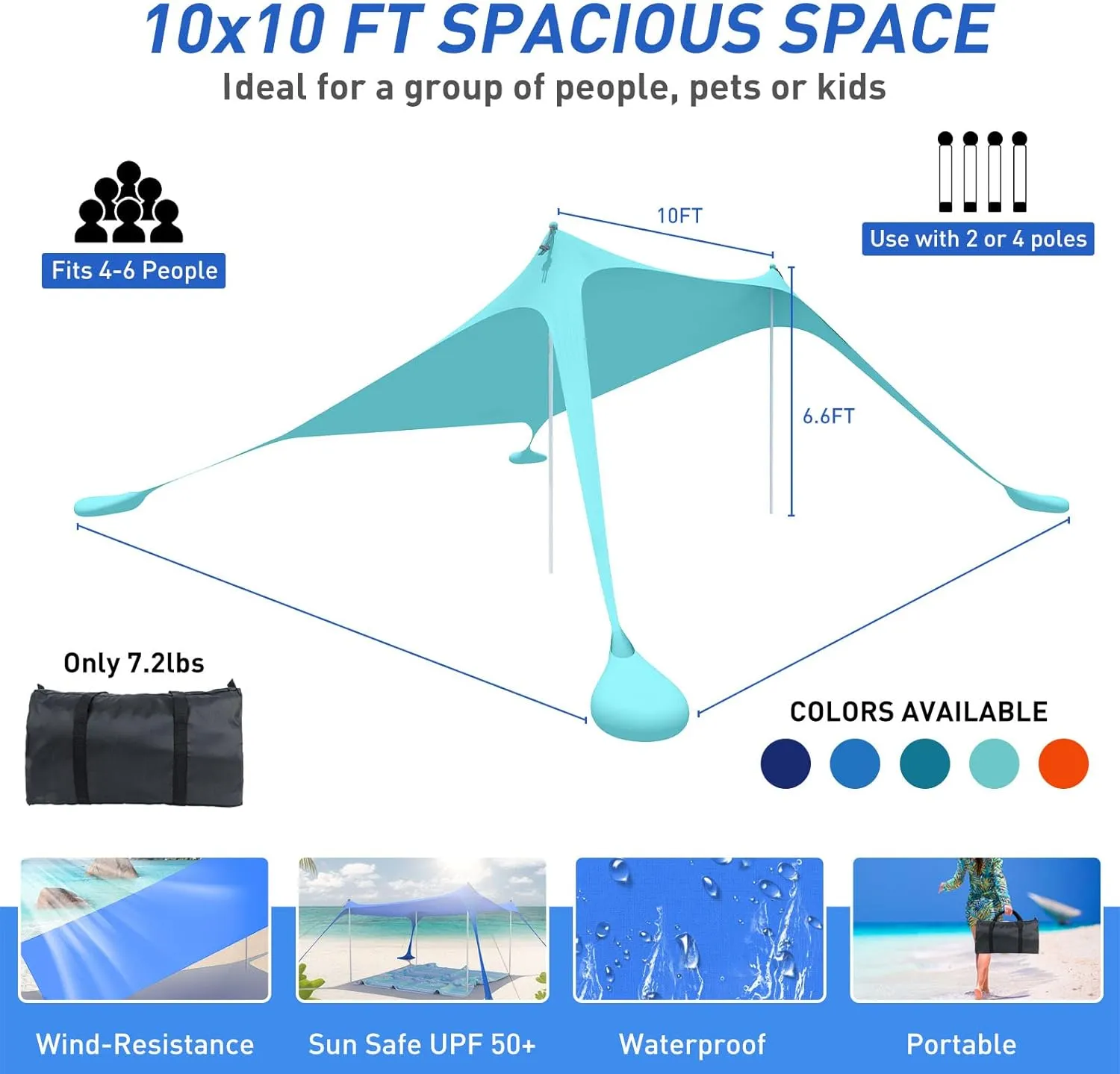 Beach Tent Pop Up Shade Canopy Sun Shelter UPF50  with 2 Stability Poles/Carry Bag/Ground Pegs/Sand Shovel/Windproof Ropes Portable Outdoor Family Sunshade for Beach Camping(Turquoise,10×10FT)