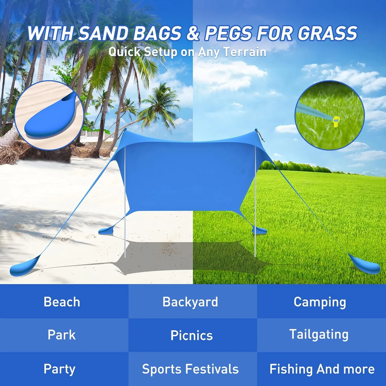 Beach Tent Pop Up Shade Canopy Sun Shelter UPF50  with 2 Stability Poles/Carry Bag/Ground Pegs/Sand Shovel/Windproof Ropes Portable Outdoor Family Sunshade for Beach Camping(Turquoise,10×10FT)