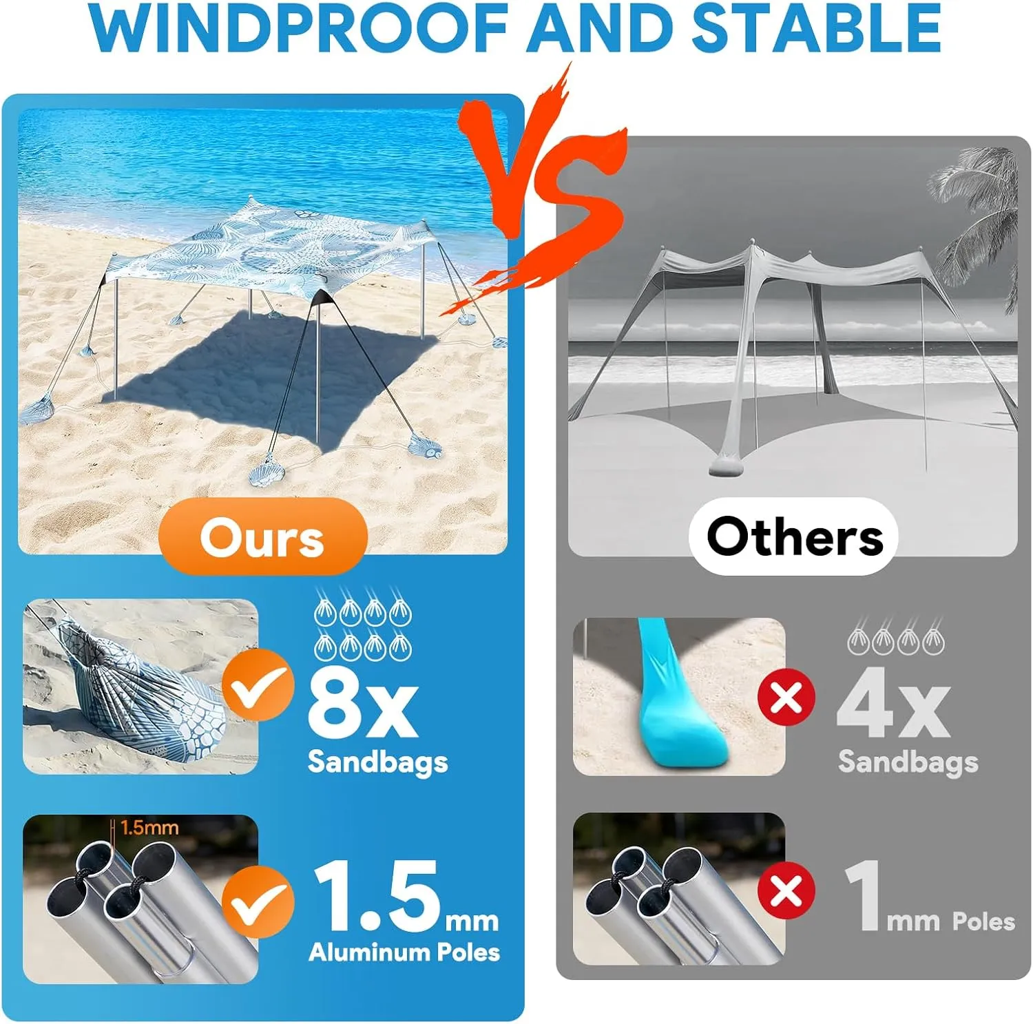 Beach Tent Sun Shelter, 10 x 10 FT Beach Canopy Tent Sun Shade, UPF50  Beach Tent Canopy with 8 Sandbags & 4 Stability Poles, Outdoor Beach Tent for Beach Camping Fishing, Starfish