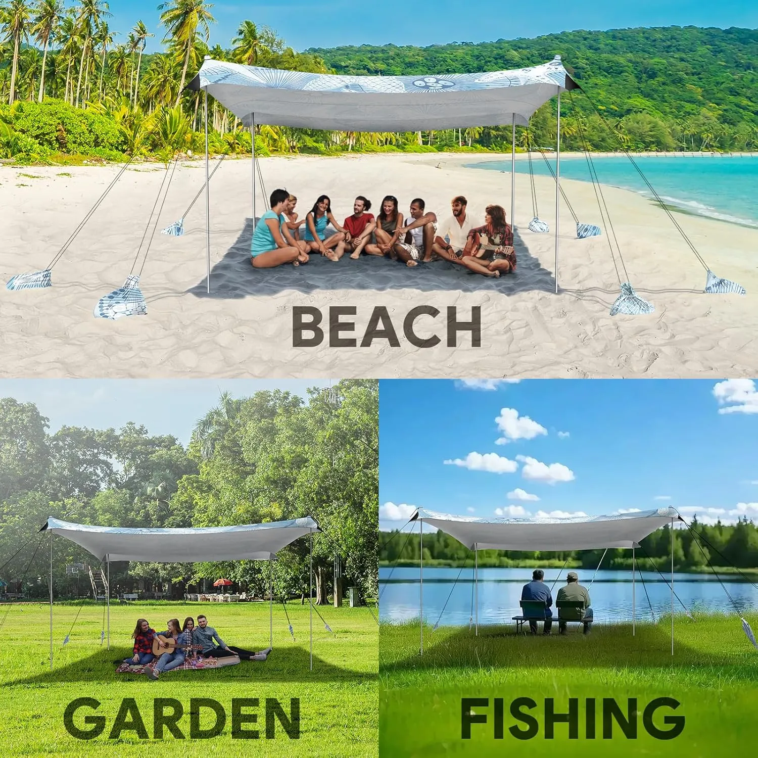Beach Tent Sun Shelter, 10 x 10 FT Beach Canopy Tent Sun Shade, UPF50  Beach Tent Canopy with 8 Sandbags & 4 Stability Poles, Outdoor Beach Tent for Beach Camping Fishing, Starfish