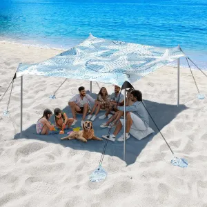 Beach Tent Sun Shelter, 10 x 10 FT Beach Canopy Tent Sun Shade, UPF50  Beach Tent Canopy with 8 Sandbags & 4 Stability Poles, Outdoor Beach Tent for Beach Camping Fishing, Starfish