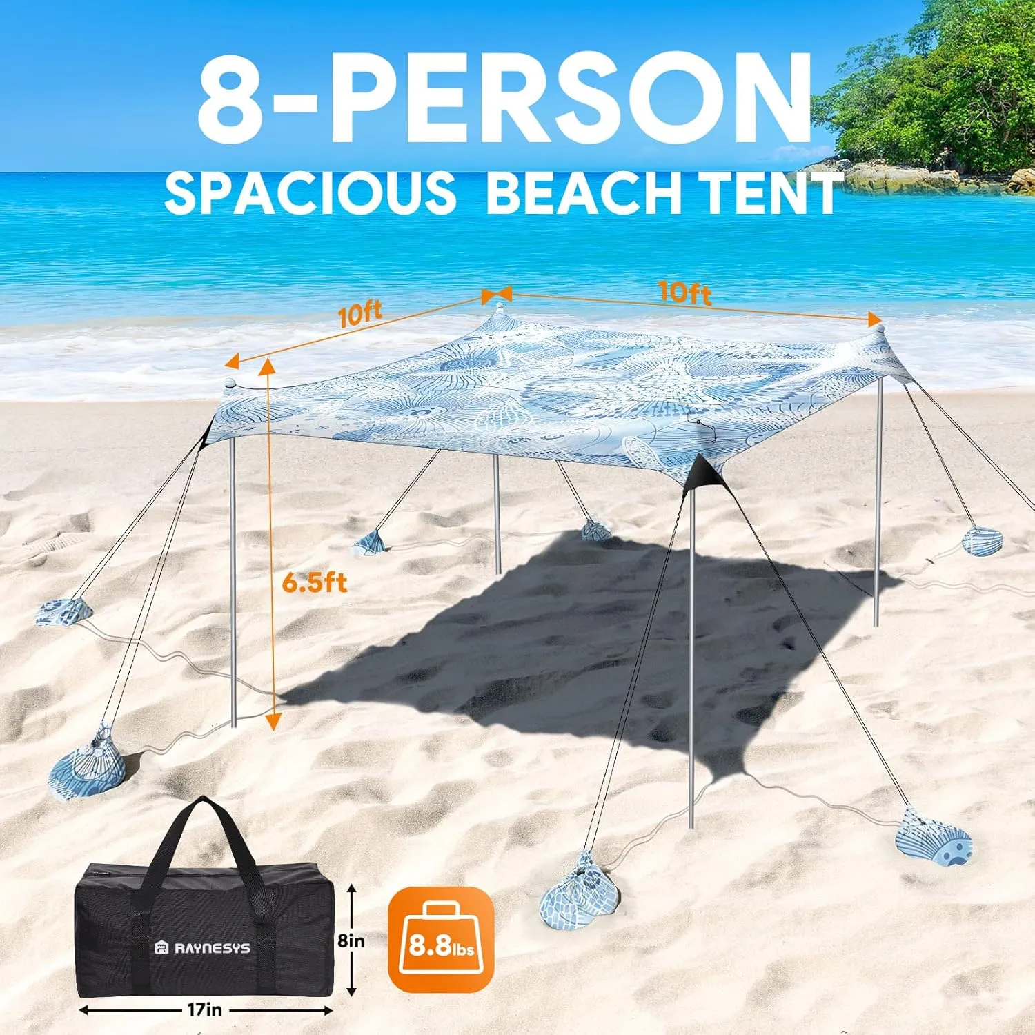 Beach Tent Sun Shelter, 10 x 10 FT Beach Canopy Tent Sun Shade, UPF50  Beach Tent Canopy with 8 Sandbags & 4 Stability Poles, Outdoor Beach Tent for Beach Camping Fishing, Starfish